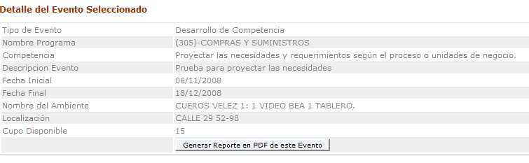 Detalle Evento Seleccionado